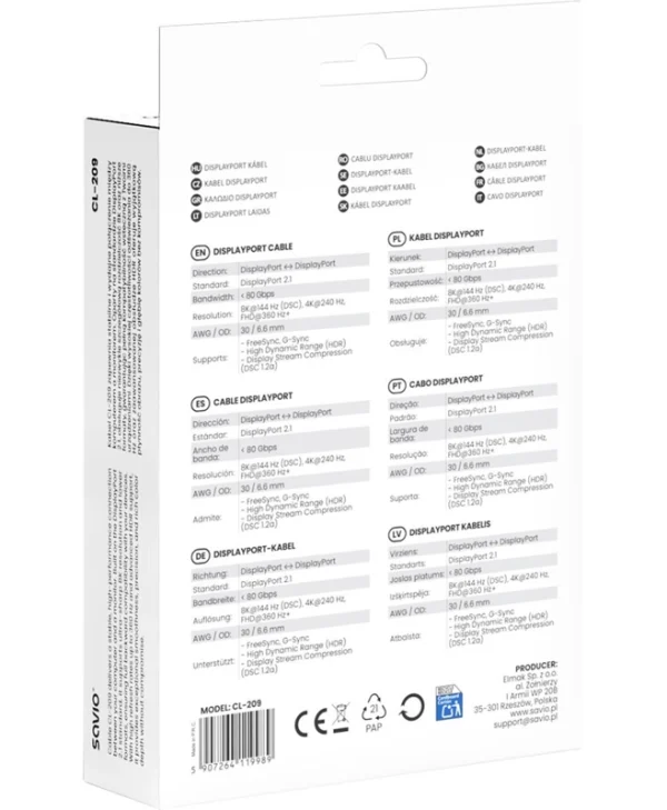 Savio Cable DisplayPort male - DisplayPort male 1m Μαύρο CL-209