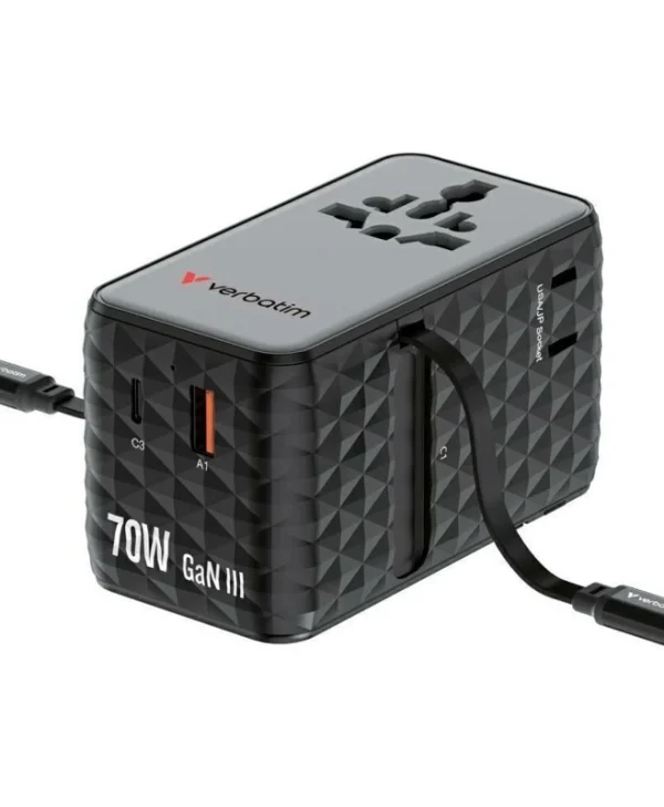 Verbatim Φορτιστής GaN με Θύρα USB-A και Θύρα USB-C και Καλώδιο USB-C 70W Power Delivery / Quick Charge 4+ Μωβ (Charge 'n' Travel) 30186