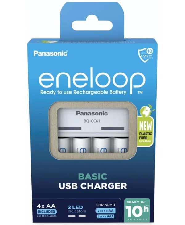 Panasonic Eneloop Basic BQ-CC61 USB USB Φορτιστής 4 Μπαταριών Ni-MH Μεγέθους AA/AAA Σετ με 4x AA 2000mAh σε Λευκό χρώμα K-KJ61MCD40USB