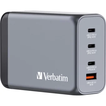 Verbatim Φορτιστής Χωρίς Καλώδιο GaN με Θύρα USB-A και 3 Θύρες USB-C Power Delivery / Quick Charge 3.0 Γκρι (GNC-240) 32205