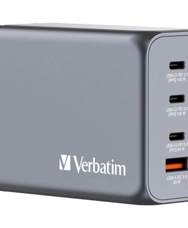 Verbatim Φορτιστής Χωρίς Καλώδιο GaN με Θύρα USB-A και 3 Θύρες USB-C Power Delivery / Quick Charge 3.0 Γκρι (GNC-240) 32205