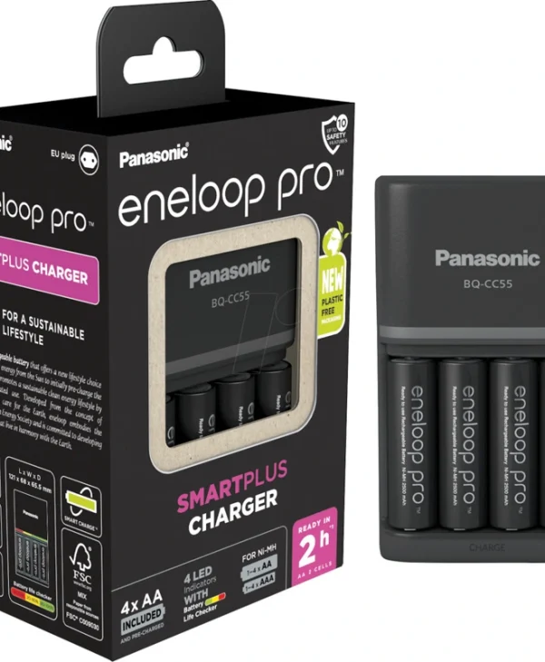Panasonic Eneloop Pro Smart Plus BQ-CC55 Φορτιστής 4 Μπαταριών Ni-MH Μεγέθους AA/AAA Σετ με 4x AA 2500mAh K-KJ55HCD40E