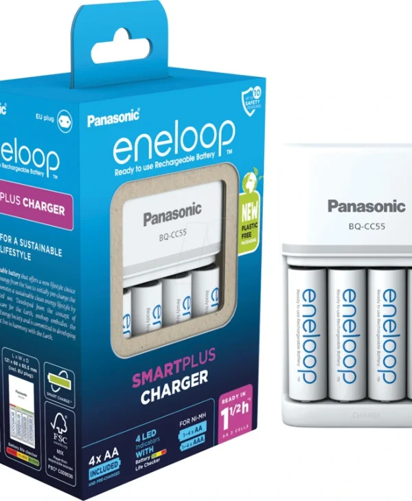 Panasonic Eneloop Smartplus BQ-CC55E Φορτιστής 4 Μπαταριών Ni-MH Μεγέθους AA/AAA Σετ με 4x AA 2000mAh σε Λευκό χρώμα K-KJ55MCD40E