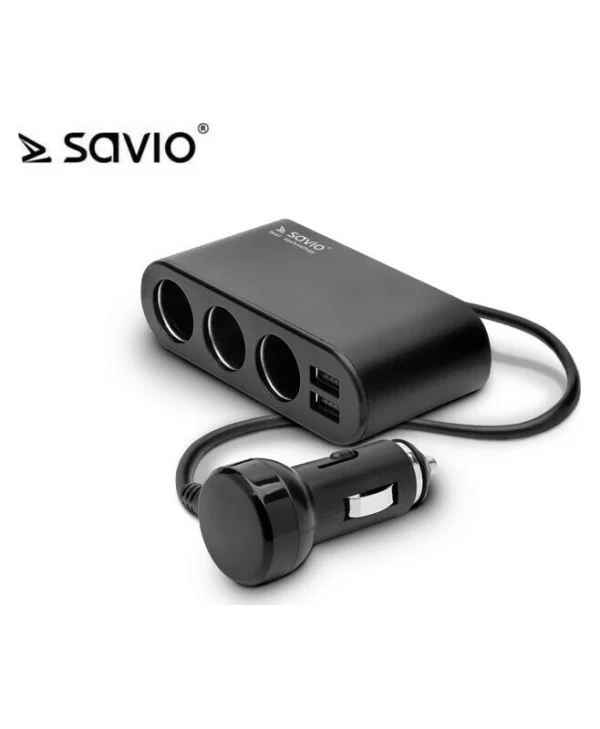 Savio SA-024 Φορτιστής Αυτοκινήτου με Θύρες: 2xUSB 3xΑναπτήρα μαζί με Καλώδιο Ενσωματωμένο Μαύρο Χρώμα