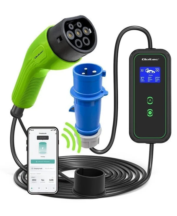 Qoltec Φορητός Τριφασικός Σταθμός Φόρτισης 7kW με Ενσωματωμένο Καλώδιο Type 2 (52477)