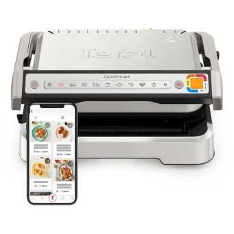 Tefal Optigrill 4-in-1 Επιτραπέζια Ηλεκτρική Ψησταριά Λείας και Αυλακωτής Πλάκας 2100W Ανοξείδωτη με Καπάκι και Ρυθμιζόμενο Θερμοστάτη GC774D30