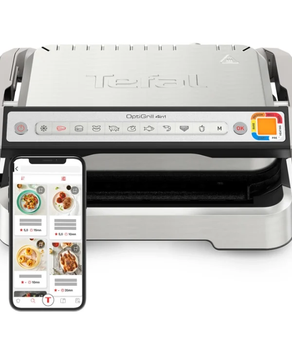 Tefal Optigrill 4-in-1 Επιτραπέζια Ηλεκτρική Ψησταριά Λείας και Αυλακωτής Πλάκας 2100W Ανοξείδωτη με Καπάκι και Ρυθμιζόμενο Θερμοστάτη GC774D30