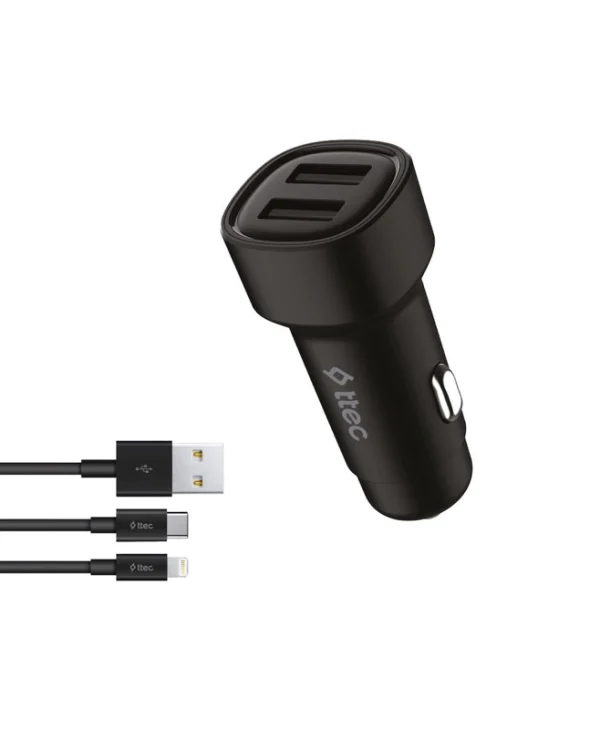 TTEC Φορτιστής Αυτοκινήτου 5W με Θύρες: 2xUSB μαζί με Καλώδιο Lightning / Type-C Μαύρο Χρώμα 2CKS31DS