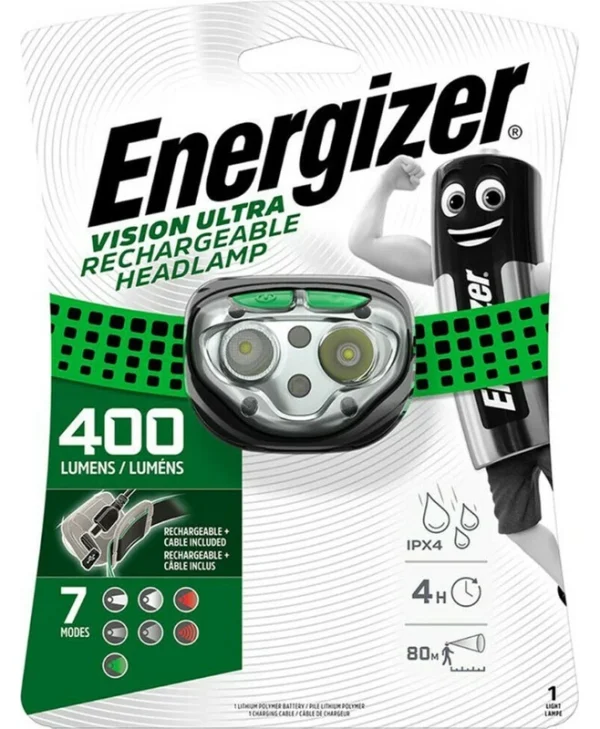 Energizer Επαναφορτιζόμενος Φακός Κεφαλής LED IPX4 με Μέγιστη Φωτεινότητα 400lm Vision Ultra Rechargable 426448