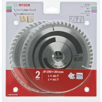Bosch Optiline Wood Δίσκος Κοπής Ξύλου με 48 Δόντια 190mm 2τμχ 2608644655