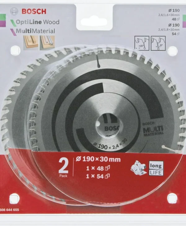 Bosch Optiline Wood Δίσκος Κοπής Ξύλου με 48 Δόντια 190mm 2τμχ 2608644655