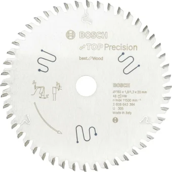 Bosch Top Precision Δίσκος Κοπής Ξύλου με 48 Δόντια 165mm 2608642384