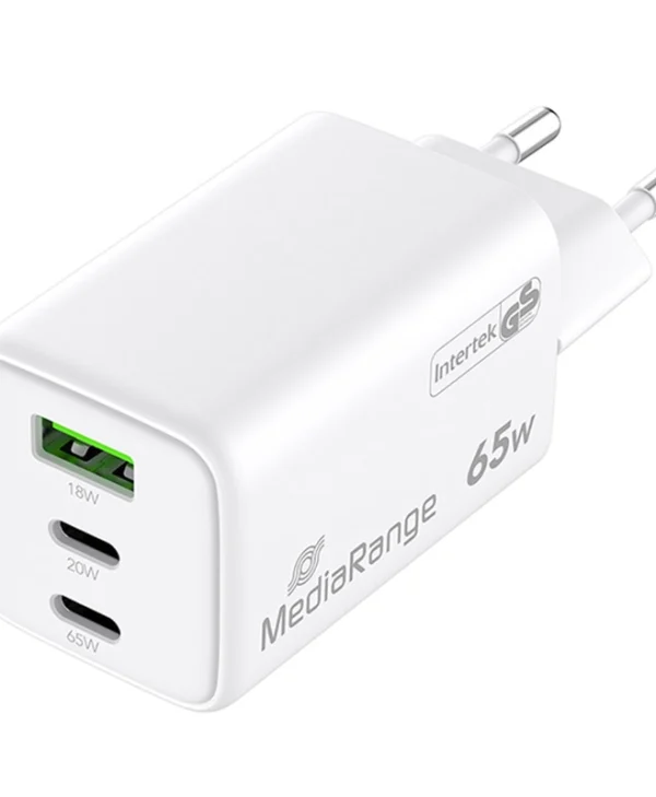 MediaRange Φορτιστής Χωρίς Καλώδιο GaN με Θύρα USB-A και 2 Θύρες USB-C 65W Power Delivery / Quick Charge 3.0 Λευκός (MRMA116-2)