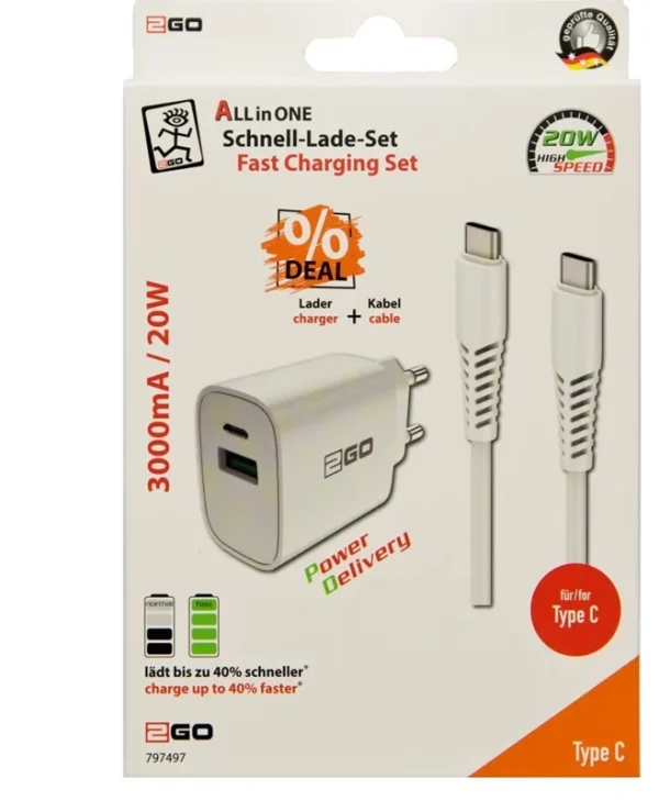 2GO Φορτιστής με Θύρα USB-A και Θύρα USB-C και Καλώδιο USB-C - USB-C 20W Power Delivery Λευκός 797497