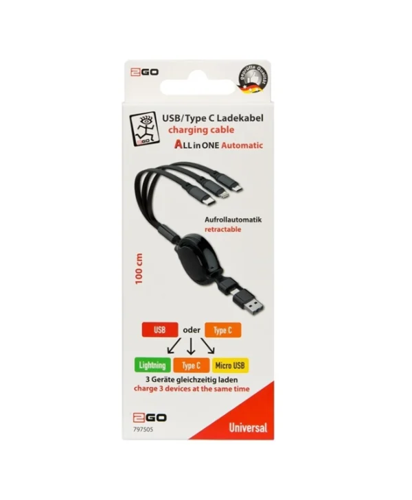 2GO Retractable USB to Lightning / Type-C / micro USB Cable 1m 797505