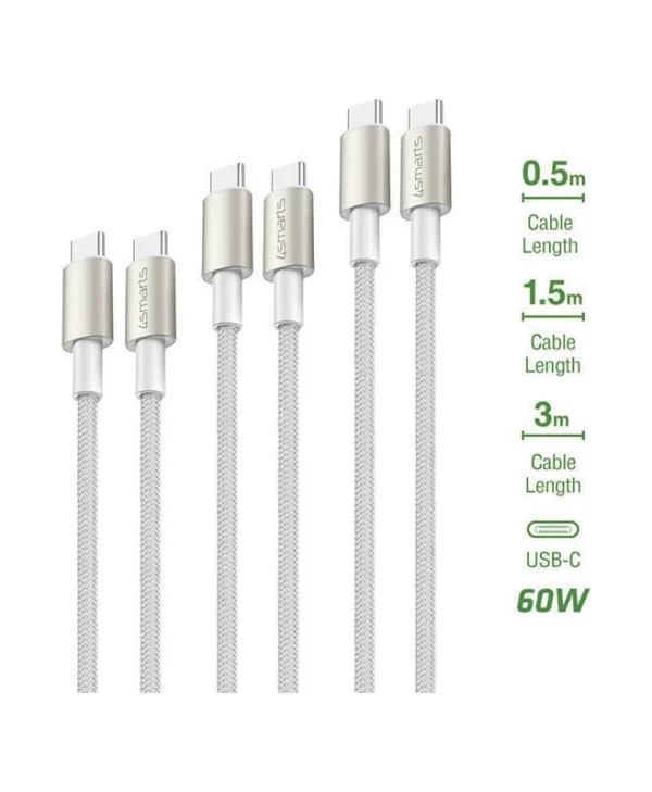 4smarts Type-c To Type-c Cables Premiumcord 60w Set 3 Pieces 0.5m+1.5m+3m White Silver 540621