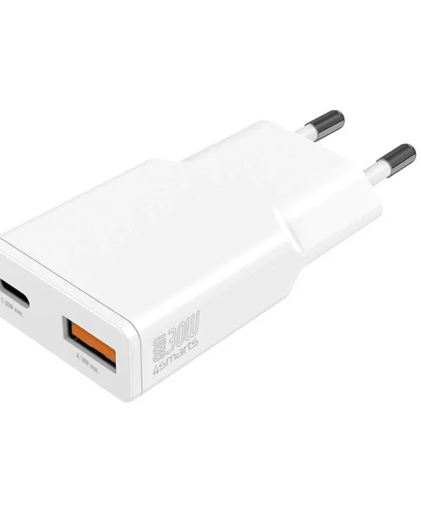 4Smarts Φορτιστής Χωρίς Καλώδιο GaN με Θύρα USB-A και Θύρα USB-C 30W Power Delivery Λευκός (Slim Duos) 541125