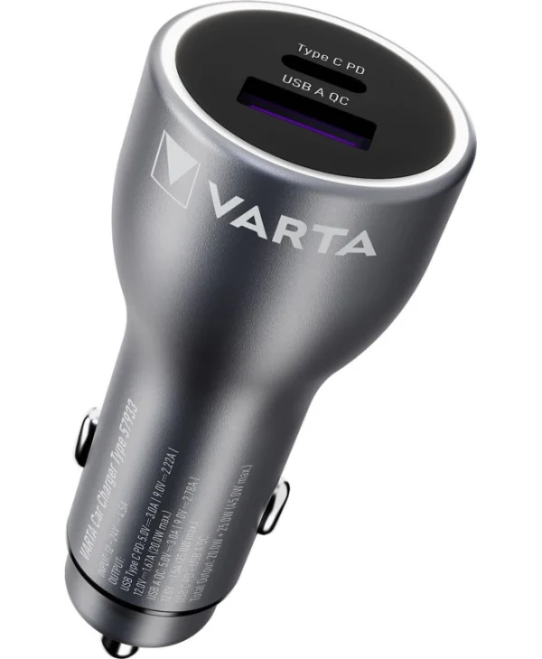 Varta Φορτιστής Αυτοκινήτου 45W με Θύρες: 1xUSB 1xType-C 57933101111