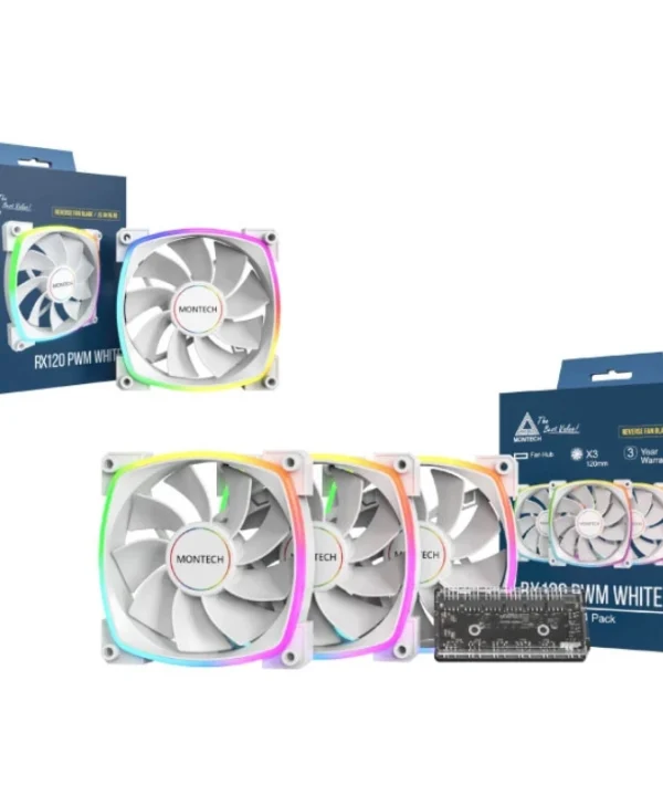 Montech Reverse Blade Case Fan 76.2mm (1600rpm / 59cfm) με ARGB Φωτισμό και Σύνδεση 4-Pin PWM / 3-Pin 3τμχ Λευκό RX120 PWM WHITE 3 IN 1