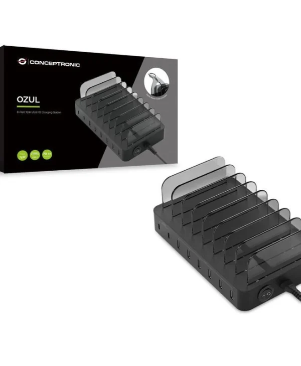 Conceptronic Βάση Φόρτισης με 6 Θύρες USB-A και 2 Θύρες USB-C 75W Power Delivery σε Μαύρο χρώμα (OZUL02B)