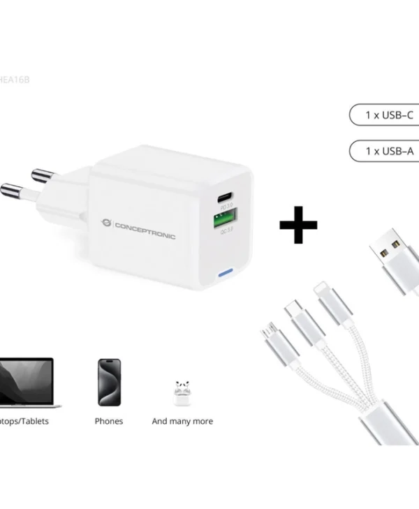 Conceptronic Φορτιστής με Θύρα USB-A και Θύρα USB-C 33W Power Delivery / Quick Charge 2.0 Λευκός (ALTHEA16W)