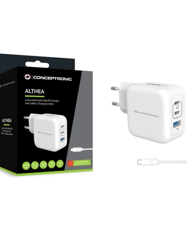 Conceptronic Φορτιστής GaN με Θύρα USB-A και 2 Θύρες USB-C και Καλώδιο USB-C - USB-C 67W Power Delivery Λευκός (ALTHEA17W)