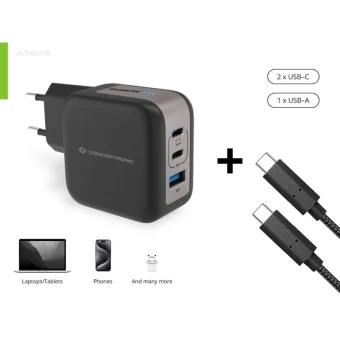 Conceptronic Φορτιστής με Θύρα USB-A και 2 Θύρες USB-C και Καλώδιο USB-C - USB-C 67W Power Delivery Μαύρος (ALTHEA17B)