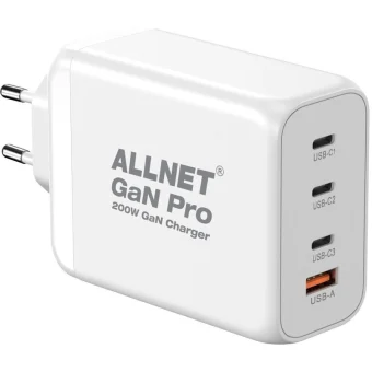 Allnet Φορτιστής Χωρίς Καλώδιο GaN με Θύρα USB-A και 3 Θύρες USB-C 200W Power Delivery Λευκός PSU-GaNPD-USB-1A3C-200W