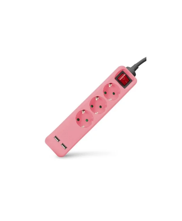 Entac Πολύπριζο Aσφαλείας 3 Θέσεων με 2 USB-A, Διακόπτη και Καλώδιο 1.5m Ροζ ESE1.5G3-1.5-SW-USB-P