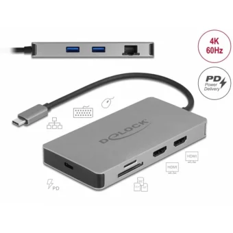 DeLock 87004 USB-C Docking Station με HDMI 4K PD Ethernet και σύνδεση 2 Οθονών Γκρι