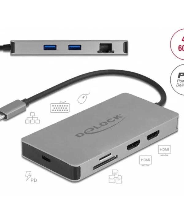 DeLock 87004 USB-C Docking Station με HDMI 4K PD Ethernet και σύνδεση 2 Οθονών Γκρι