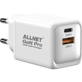 Allnet Φορτιστής Χωρίς Καλώδιο GaN με Θύρα USB-A και Θύρα USB-C 45W Power Delivery Λευκός PSU-GaNPD-USB-1A1C-45W