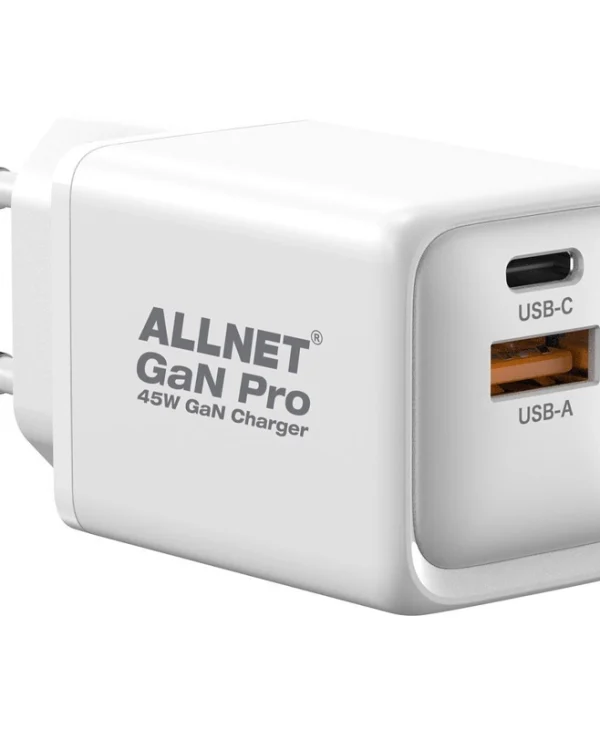 Allnet Φορτιστής Χωρίς Καλώδιο GaN με Θύρα USB-A και Θύρα USB-C 45W Power Delivery Λευκός PSU-GaNPD-USB-1A1C-45W