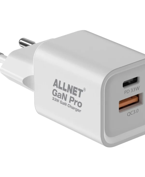Allnet Φορτιστής Χωρίς Καλώδιο GaN με Θύρα USB-A και Θύρα USB-C 33W Power Delivery Λευκός PSU-GaNPD-USB-1A1C-33W