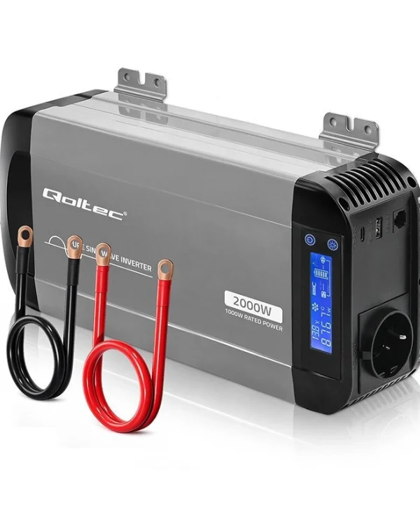 Qoltec Μετατροπέας Καθαρού Ημιτόνου 12v 230v 1000/2000w Lcd Usb Usb-c Συμβατός Lifepo4 Gel Agm 52689