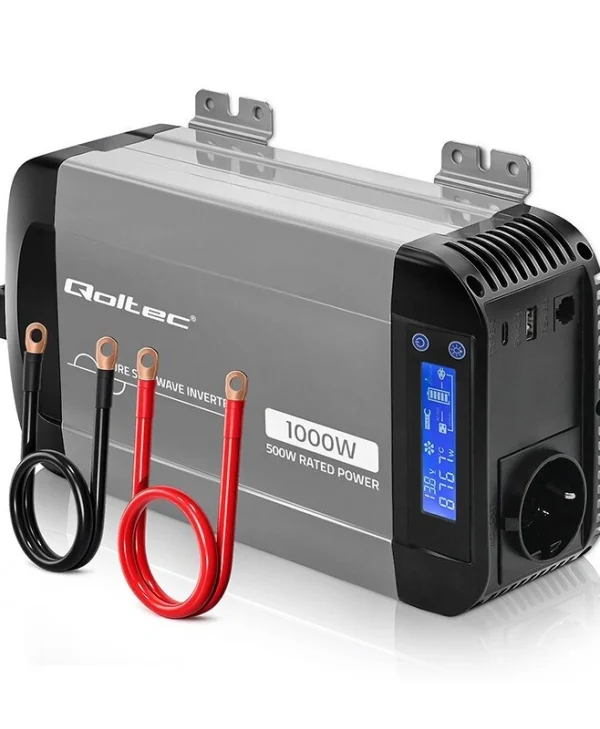 Qoltec Μετατροπέας Τάσης Pure Sine Wave 12v 230v 500/1000w Lcd Usb Usb‑c Συμβατός Lifepo4 Gel Agm 52688