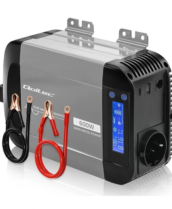 Qoltec Μετατροπέας Τάσης Pure Sine Wave 12v 230v 300/600w Lcd Usb Usb‑c Συμβατός Lifepo4 Gel Agm 52687