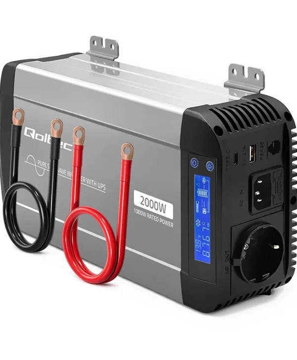 Qoltec Μετατροπέας Τάσης Pure Sine Wave 12v 230v 1000/2000w Ups Bypass Lcd Usb Usb-c Συμβατός Lifepo4 Gel Agm 52696