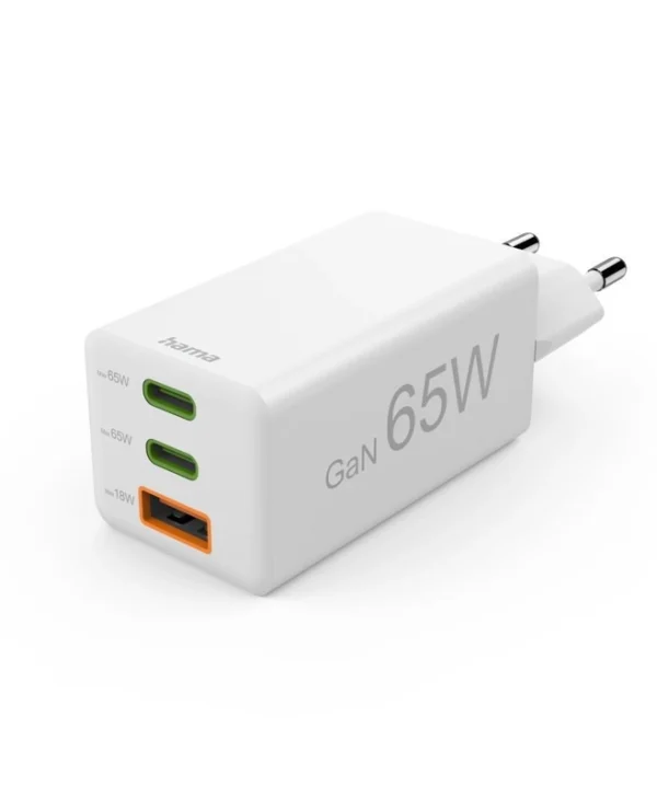 HAMA Φορτιστής Χωρίς Καλώδιο GaN με Θύρα USB-A και 2 Θύρες USB-C 65W Power Delivery Λευκός (00201996) O4047443516565