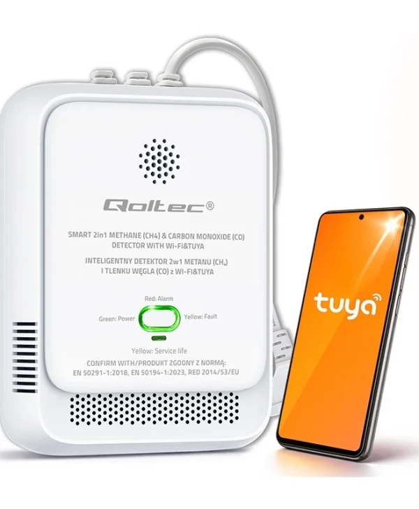Natural Gas Carbon Monoxide Leak Sensor 2 In 1 Certified Qoltec Tuya Wi-fi 85db Alarm Led 52654