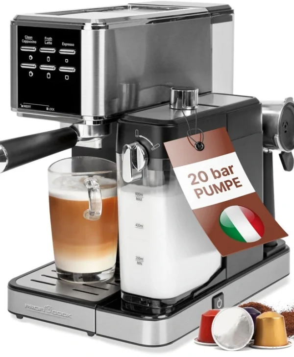 Profi Cook PC-ES-KA1266 Μηχανή Espresso 1350W Πίεσης 20bar για Cappuccino Γκρι 501266
