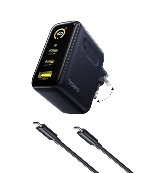 Baseus Φορτιστής GaN με Θύρα USB-A και 2 Θύρες USB-C και Καλώδιο USB-C - USB-C 100W Power Delivery Μαύρος (PicoGo AE21) E0121B00