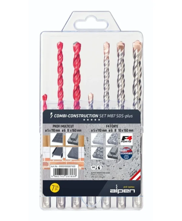 Alpen Drills Σετ 7 Τρυπάνια Καρβιδίου με SDS Plus Στέλεχος για Μέταλλο, Δομικά Υλικά και Ξύλο 100007100
