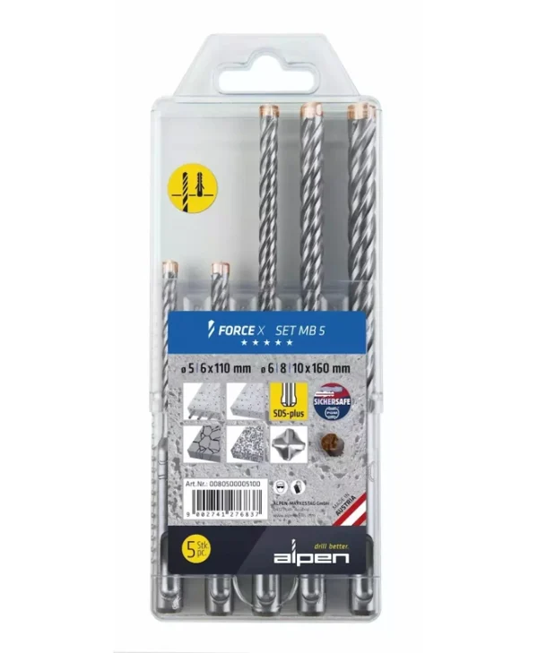 Alpen Drills Σετ 5 Τρυπάνια Καρβιδίου με SDS Plus Στέλεχος για Δομικά Υλικά 80500005100