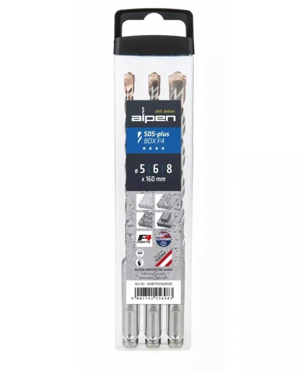 Alpen Drills F4 Box Σετ 3 Τρυπάνια Καρβιδίου με SDS Plus Στέλεχος για Δομικά Υλικά 81700568100