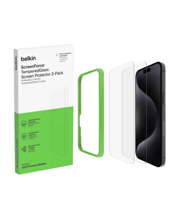 Belkin Screenforce Tempered Glass Screen Protector Iphone 16 Pro Thin Apple Iphone Film Crystal Clear Protective Glass Scratch Resistant Display Protection Iphone 16 Pro Bubble-free Application 2-pack OVA165HQ