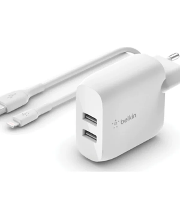 Belkin Φορτιστής με 2 Θύρες USB-A και Καλώδιο Lightning 24W Λευκός (Boost Charge) WCD001vf1MWH