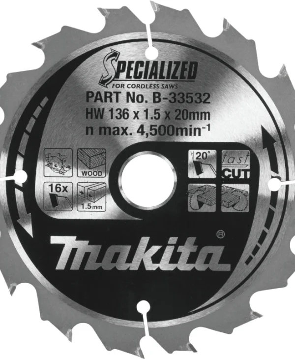 Makita Δίσκος Κοπής Ξύλου με 16 Δόντια 136mm B-33532