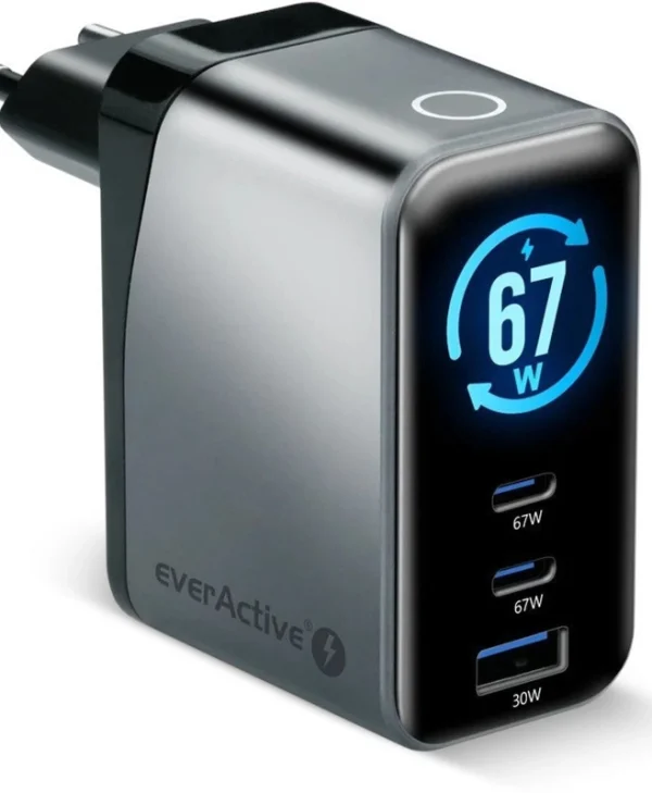 everActive Φορτιστής Χωρίς Καλώδιο GaN με Θύρα USB-A και 2 Θύρες USB-C 67W Power Delivery Γκρι (SC-670Q)