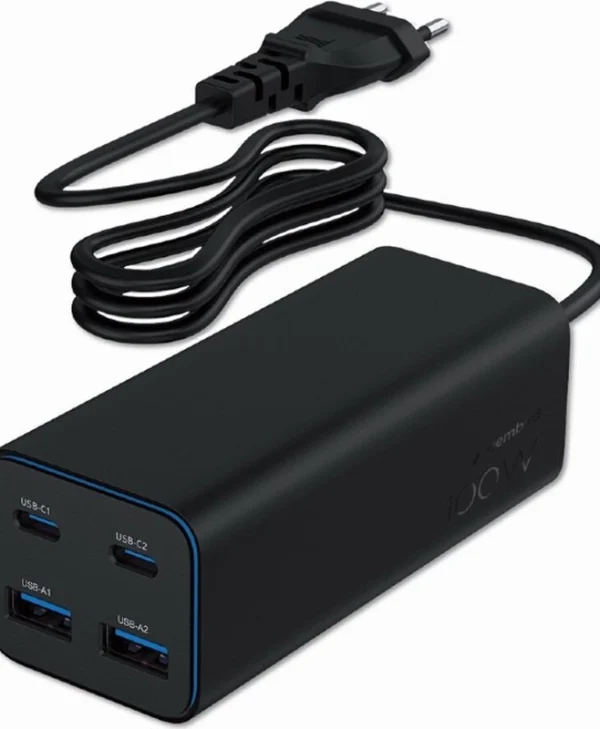 Gembird Βάση Φόρτισης GaN με 2 Θύρες USB-A και 2 Θύρες USB-C 100W Power Delivery / Quick Charge 3.0 σε Μαύρο χρώμα (TA-UC-2A2C-PD100-01-BK)
